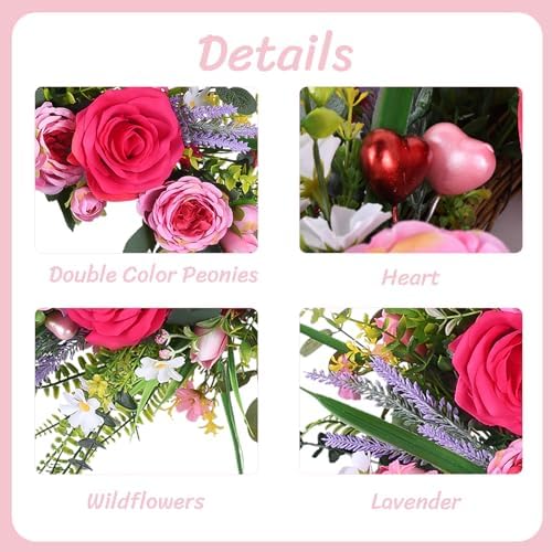 22 Inch Valentines Day Wreaths for Front Door Pink Peony Wreath with Roses Tulips Daisies Valentine Door Decorations for Home Wall Wedding Holiday Party Anniversary