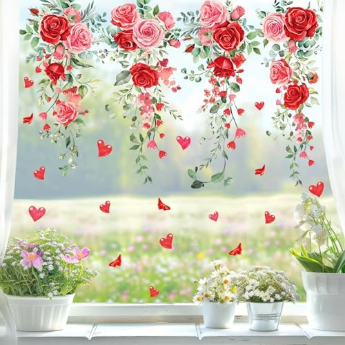 Whaline 9 Sheets Valentine Floral Window Cling Stickers Spring Rose Flower Hanging Vine Window Decals Eucalyptus Leaves Reusable Glass Decals for Wedding Party Home Decoration