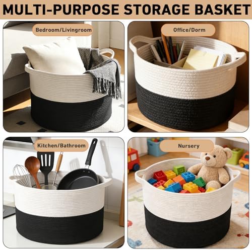 65L Large Blanket Basket,Woven Rope Laundry Basket-White&Black