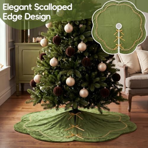 Arrowbash Olive Green 48 Inch Christmas Tree Skirt Velvet Scallop Ddge
