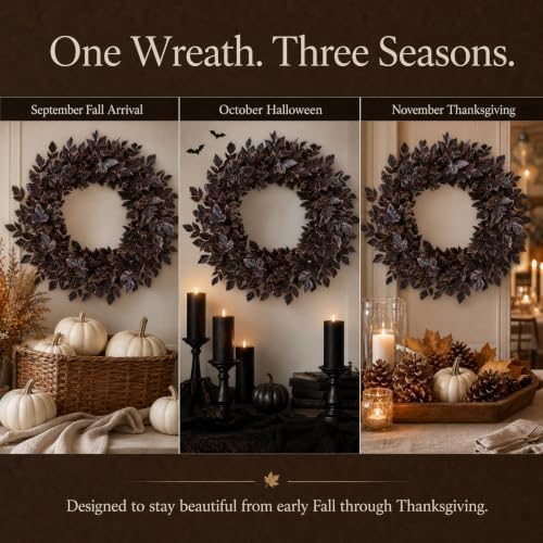 Fall Decor for Front Door-Plum Leaves Wreath, Both Halloween and Fall