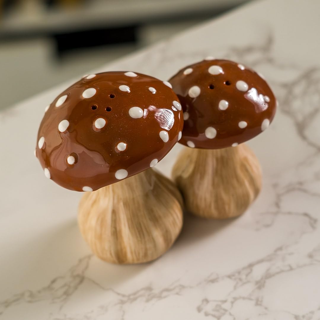 Ceramic Autumn Harvest Mushroom Salt and Pepper Shakers Set Hand-Painted Fall-Themed / Brown