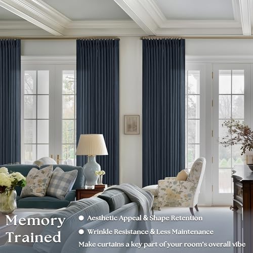 TWODRAPES Navy Blue Linen Pinch Pleated Curtains 96 Inches Long 2 Panels