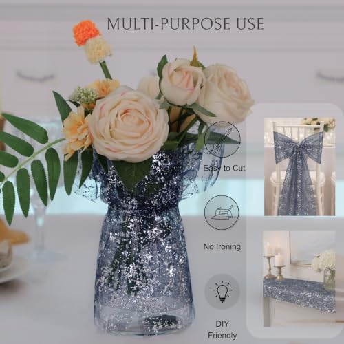 2 Pcs Navy Blue Silver Table Runner, Glitter Metallic Foil Mesh Roll 108"