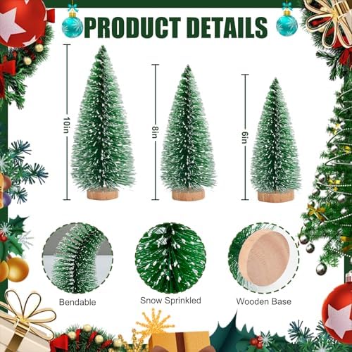 9 Pcs Mini Christmas Tree, Tabletop Christmas Tree with Wooden Bases Artificial Mini Tree with 3 Sizes Christmas Table Decor Bottle Brush Trees for Christmas Decorations (Green Snow)
