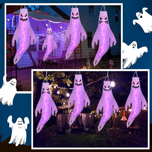 Geefuun 4PCS Purple Halloween Fierce Ghost Windsocks Hanging Decorations - 43 Inch Flag Wind Socks for Home Yard Outdoor Decor Party Supplies (Batteries Not Included,No Timer)