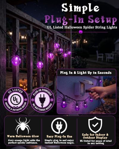 12FT Halloween Purple Spider String Lights, Plug-in 20 LED Decor