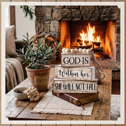 Lineshading 4 Pcs Wooden Blocks God Is Within Her Farmhouse Decor