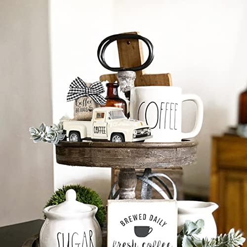 Hooqict Coffee Bar Decor Mini Metal White Truck with Beans Burlap Sack for Home Farmhouse Kitchen Tiered Tray Decor Coffee Bar Accessories Coffee Station Decorations