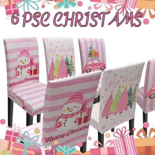Christmas Chair Covers Set of 6, Xmas Tree Snowman Dining Chair Covers for Party Kitchen Removable Seat Cover for Chairs Christmas Decorations Indoor