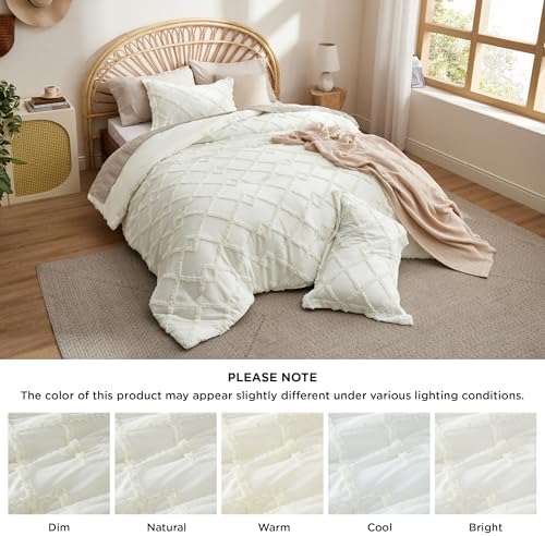 Bedsure Boho Comforter Set King - Ivory Tufted King Size Comforter, 3 Pieces Farmhouse-Style Embroidery Bed Set, Soft