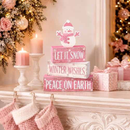 Colingmill 4 Pcs Pink Snowman Christmas Table Decor Winter Wooden Snowman