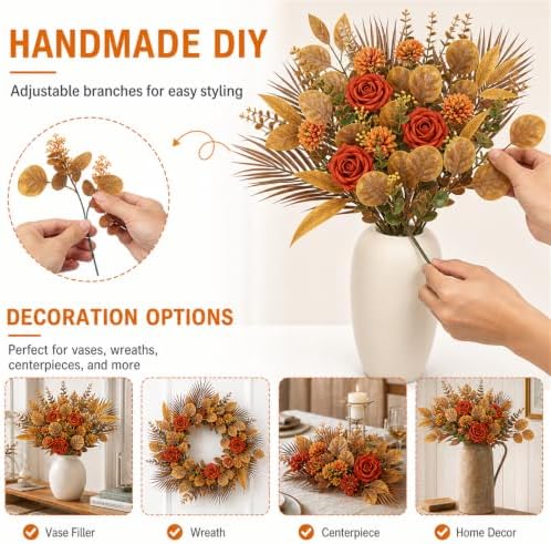 120 Pcs Mixed Fall Greenery Stems Orange Faux Eucalyptus Leaves
