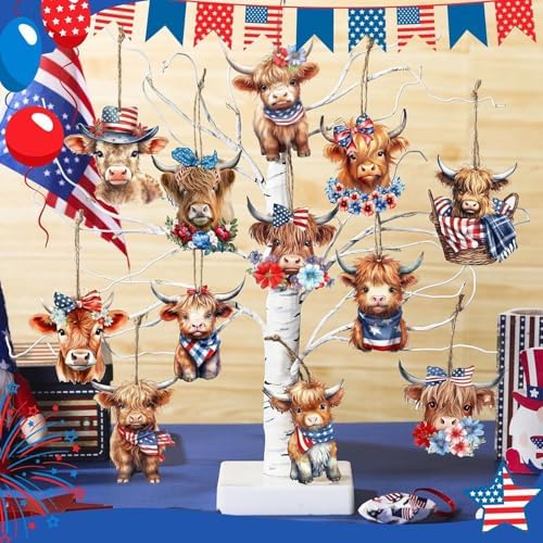 12 Pcs 4th of July Patriotic Wood Ornaments Hanging Decoration 250th Anniversary Tree Ornaments with Cute Cartoon Highland Cattle Designs for Independence Day Home Tree Decorations