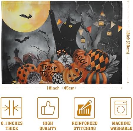 Black Cat Halloween Placemats Set of 4 Spooky Pumpkin Boo Bat Moon Horror Place Mats 12x18 Inch Seasonal Washable Linen Table Mat for Party Kitchen Dining Outdoor Indoor Decor