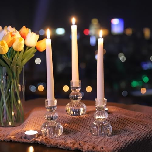 Woho 3pcs Clear Taper Candle Holders 4.3" H, Ribbed Candlestick Holders