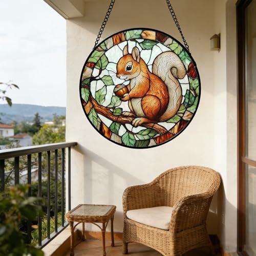 Red Squirrel with Acorn Stained Glass Window Hanging Suncatcher Gift 15"