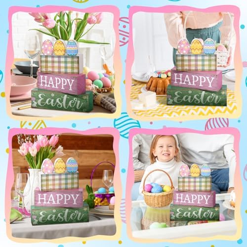 Lineshading 4 Pcs Easter Wooden Block Signs, Farmhouse Tiered Tray Decor