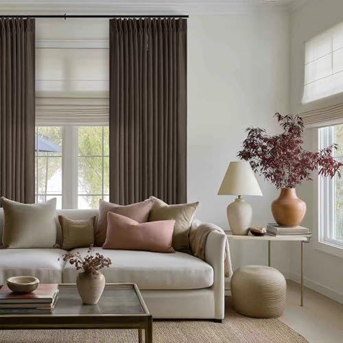Dark Chocolate 96 Inch Pinch Pleated Semi Sheer Linen Curtains 2 Panels