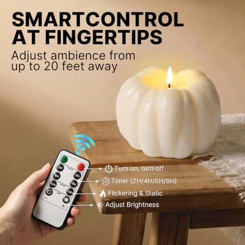 Eywamage Cream Pumpkin Flameless Candle with Remote, Fall Decorations