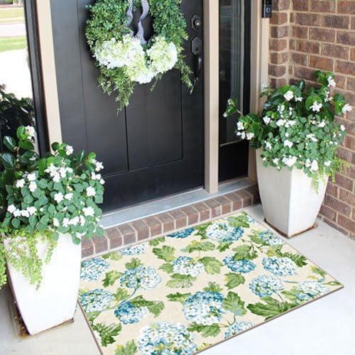 Front Door Mat Indoor Outside Entrance 2x3 Blue Hydrangea Entry Rug
