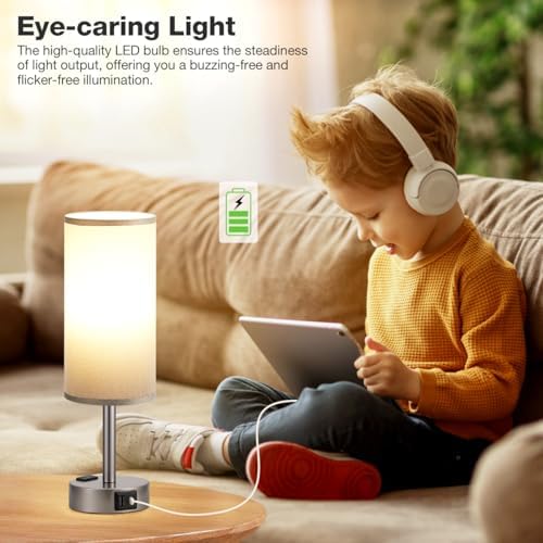 Fenmzee Grey Bedside Lamp for Bedroom, Dimmable Touch, USB A+C, AC Outlet