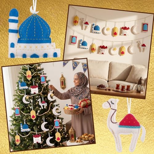 HunnmingRe 16 Pcs Ramadan Tree Ornaments 3D Felt Eid Mubarak Hanging Ornaments Ramadan Islamic Moon Star Castle Lantern Decorations for Holiday Party Door Home Wall Mantel Arts Crafts Gifts