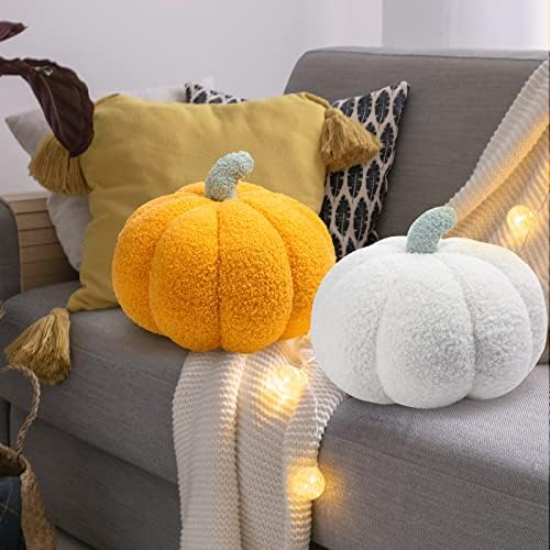 Kajaia 2 Pcs 3D Pumpkin Pillow Fall Decor Cushions,White, Yellow