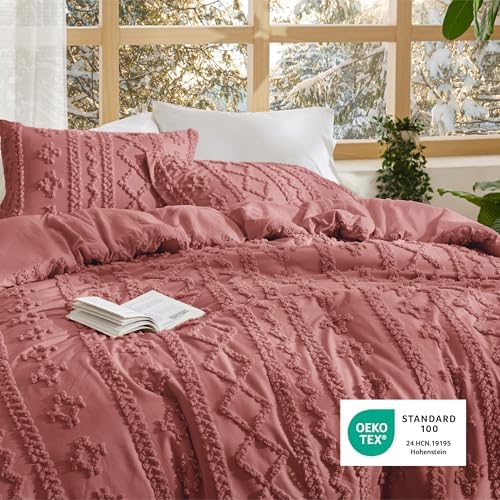 Bedsure Tufted Boho Comforter Set King Size - Grayish Pink Boho Bed Set, GentleSoft™ 3 Pieces Farmhouse-Style
