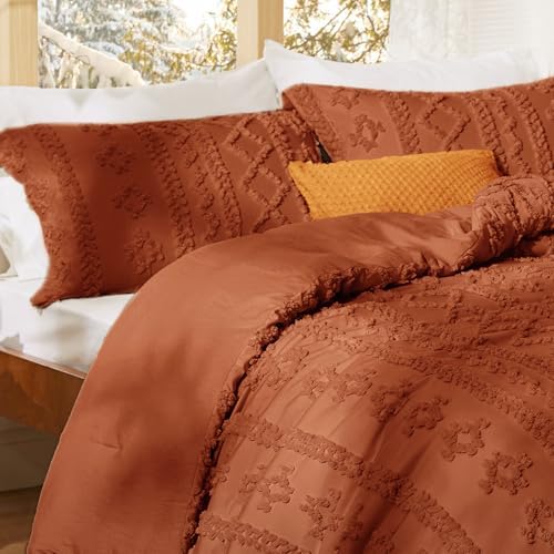 Bedsure Tufted Boho Comforter Set California King - Terracotta Boho Bed Set, GentleSoft™ 3 Pieces Farmhouse-Style