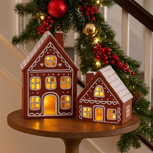 Funnymoom 2 Sets LED Ceramic Gingerbread Houses Christmas Tabletop Decor