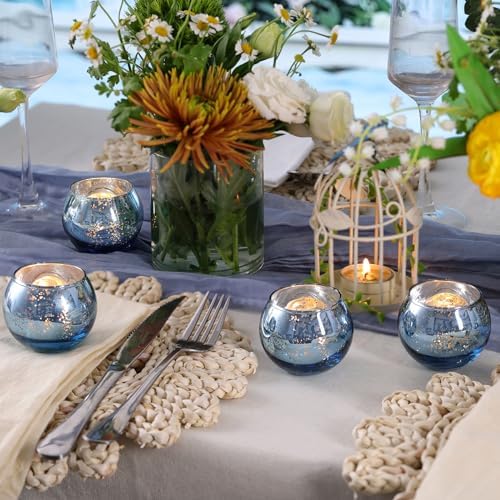 Volens Round Blue Votive Candle Holder Set of 12, Mercury Glass Votives