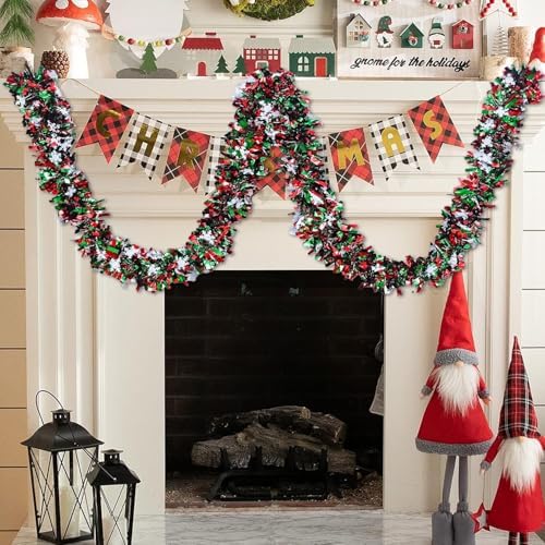 50 Feet Green Red Christmas Metallic Tinsel Twist Hanging Garland with Snowflake for Home Mantle Xmas Tree Staircase Railing New Year Holiday Party Indoor Outdoor Decorations