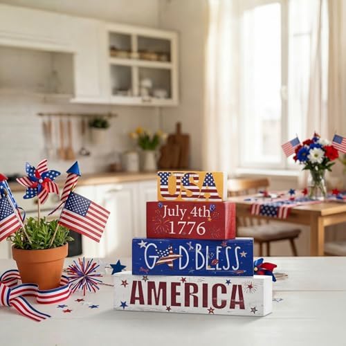 Smile 4th of July 250th Anniversary Wooden Block Stack with USA Decor, 4-Piece Patriotic Tiered Tray Decor for Independence Day & Memorial Day