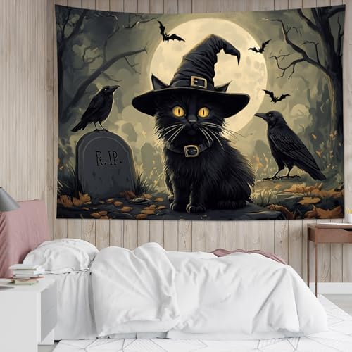 LB Halloween Black Cat Tapestry, Night Forest Full Moon and Black Crow Scary Halloween Wall Tapestry for Bedroom, Spooky Gothic Wall Art for Living Room Dorm Home Decor Ready to Hanging, 92.5 x 70.9 Inches