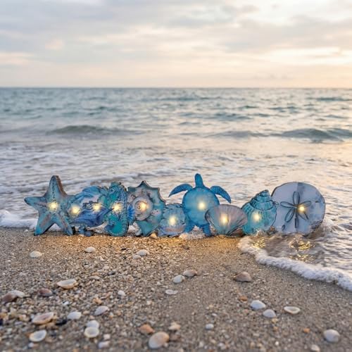Yousoontic Summer Ocean Table Decorations with LED Lights, 3D Coastal Wooden Centerpieces for Tables, Nautical Starfish Turtles Beach Table Decor for Home Mantel Desk, Summer Party Decorations