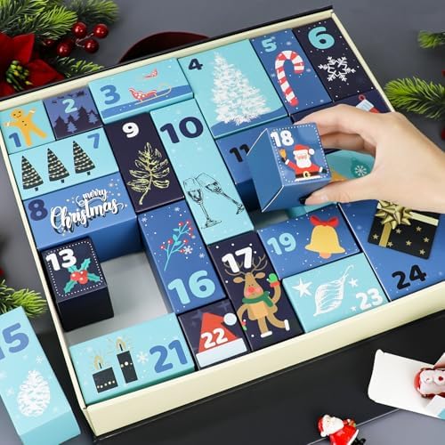 Christmas Advent Calendar, Empty Advent Calendar to Till Yourself, 24 Days Christmas Countdown Box, Reusable Empty Gifts Boxes, Xmas Gifts for Boys Girls Teens Adults