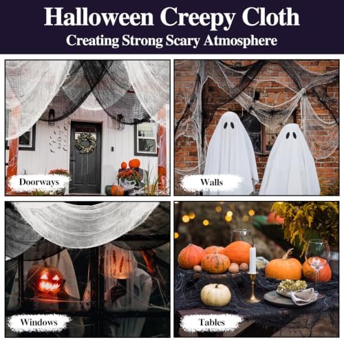 ZeeDix 6 Pack Halloween Creepy Cloth 30 × 75 Inch - Halloween Cheesecloth Decoration Spooky Scary Gauze Cheese Cloth for Party Supplies Outdoor Yard Home Wall Doorway(Black, White)