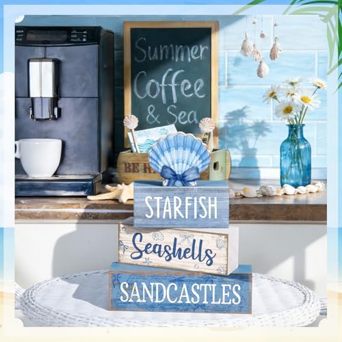 Moucuny 4 Pcs Beach Wooden Signs Table Decor with Shell, Tiered Tray