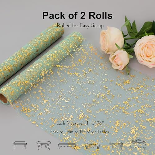 Snowkingdom Sage Green Gold Table Runner 2Pcs 108" Metallic Foil Sequin Glitter Thin Sheer Mesh Fabric Decorations for Wedding Birthday Christmas Party Centerpieces Reception Dining Home Holiday
