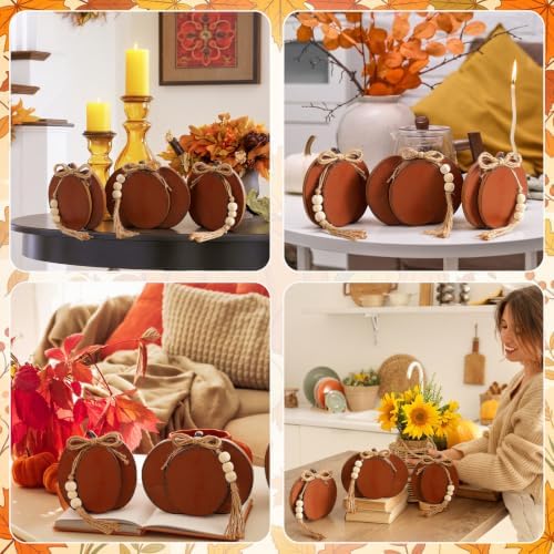 Cinnvoice 3 Pcs Fall Pumpkin Decor, Brown Wooden Tabletop Signs, 4.7 in