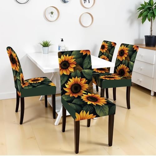 Sunflower Chair Covers for Dining Room – Stretch Floral Slipcovers with Bright Yellow Sunflowers on Dark Background – Washable Decorative Seat Protectors for Kitchen, Summer, Farmhouse Decor,Set of 4