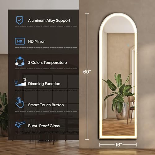 DUMOS Arched LED Mirror Full Length Standing, 16"x60" Full Body Wall Mirror