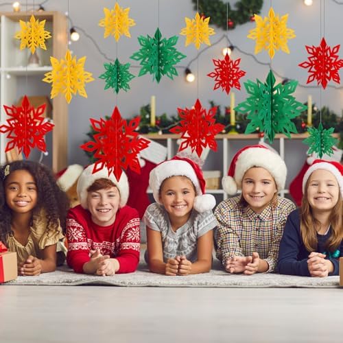 Whaline 18Pcs Christmas Hanging Decorations Red Green Gold 3D Snowflake Paper Ornaments with String Large Snowflake Pendant Garlands for Xmas Winter Wonderland Party Home Ceiling
