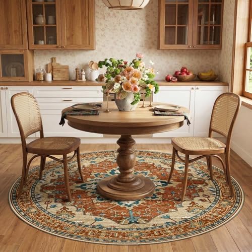 RELEANY Washable Area Rug, Round 6ft, Red/Orange/Blue/Brown