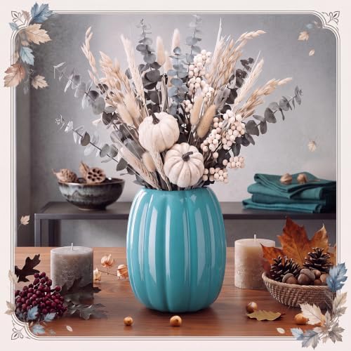 Beeveer 6.7 Inch Ceramic Pumpkin Vase, Large Blue Pumpkin Utensil Holder