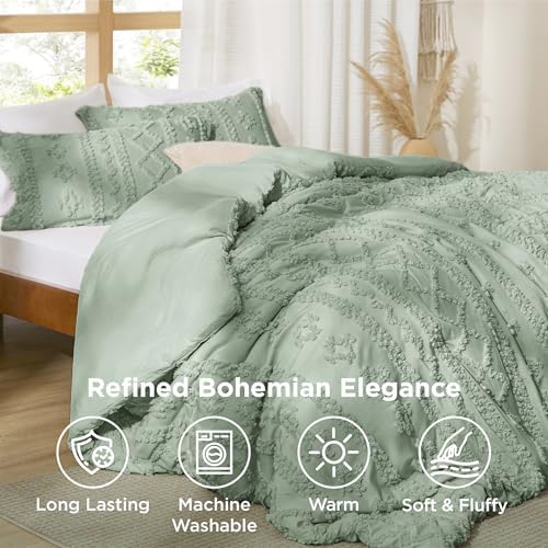 Bedsure Tufted Boho Comforter Set Twin Size - Sage Green Boho Bed Set, GentleSoft™ 2 Pieces Farmhouse-Style Embroidery