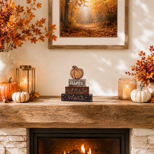 Smile Fall Wooden Block Decor Signs Pumpkin Plaque HAPPY FALL Y'ALL Tiered Tray Tabletop Signs for Autumn Harvest Thanksgiving Home Decor
