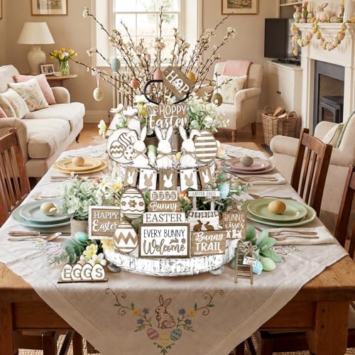 24 Pcs Easter Tiered Tray Decoration Set Easter Table Sign Farmhouse Bunny Eggs Rabbit Carrot Tabletop Centerpieces Spring Wood Blocks Signs for Spring Home Kitchen Office Holiday Party Supplies