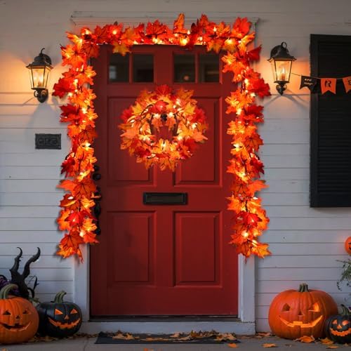 Fall Decorations Lighted Fall Garland, 9FT 50 Count Incandescent Lights Brown Wire UL Certified Connectable Maple Leaves String Lights for Home Party Fireplace Mantle Thanksgiving Decor (Orange, 9FT)